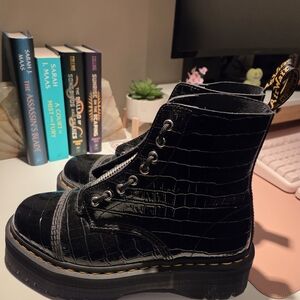 Dr. Martens Black Croc-Embossed Platform Lace-Up Boots